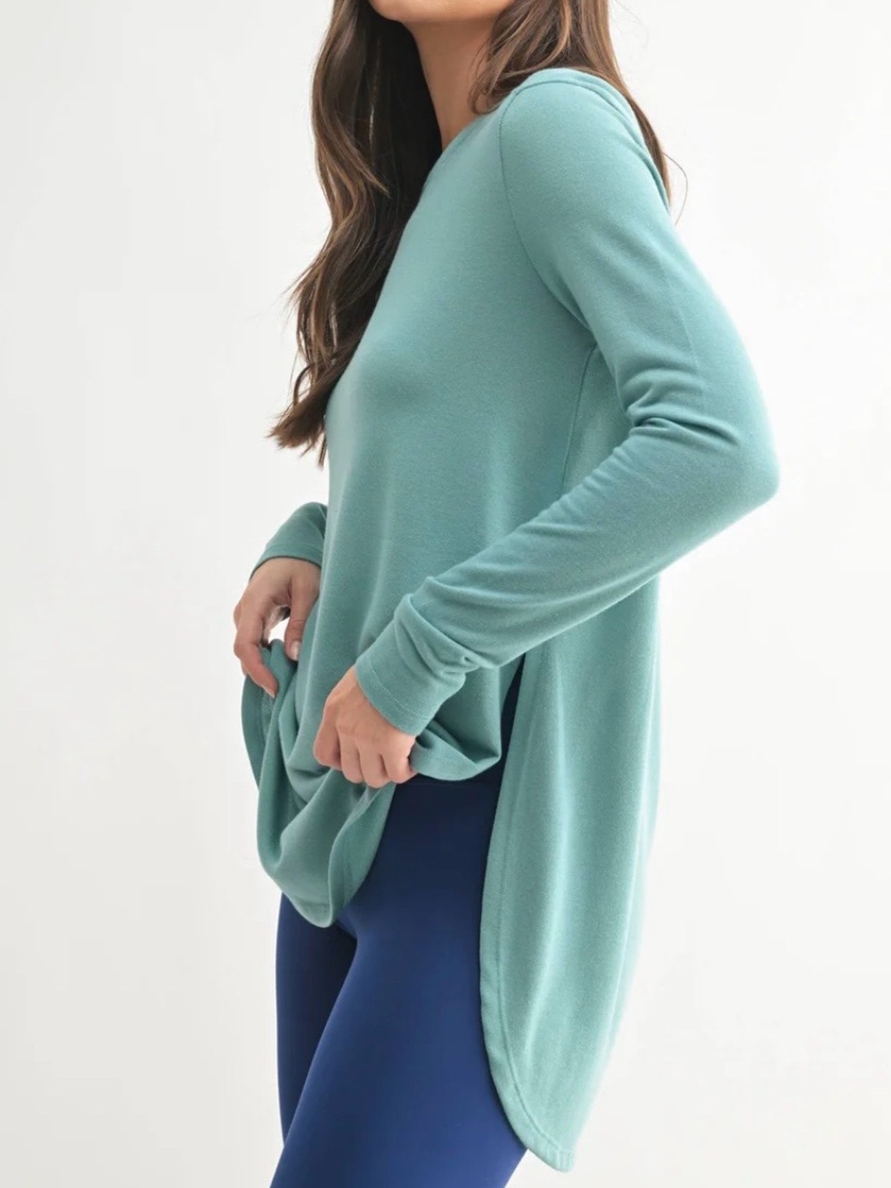 Mono B Long Sleeve Flow Top with Side Slit in Dusty Green.